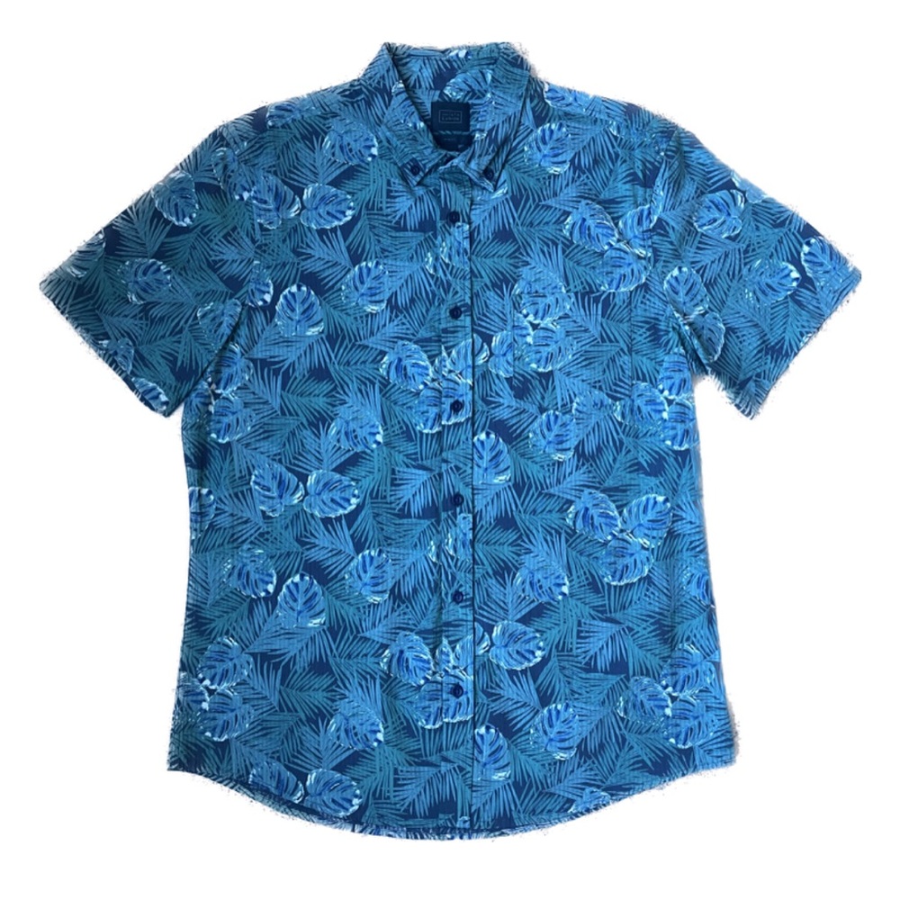 Nordstrom Navy Exotic Palms Button Down T-Shirt, Large